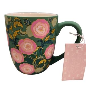 💚🔹️Petal & Pearl 🔹️Floral Rose Pattern Ceramic Mug in Forest Green